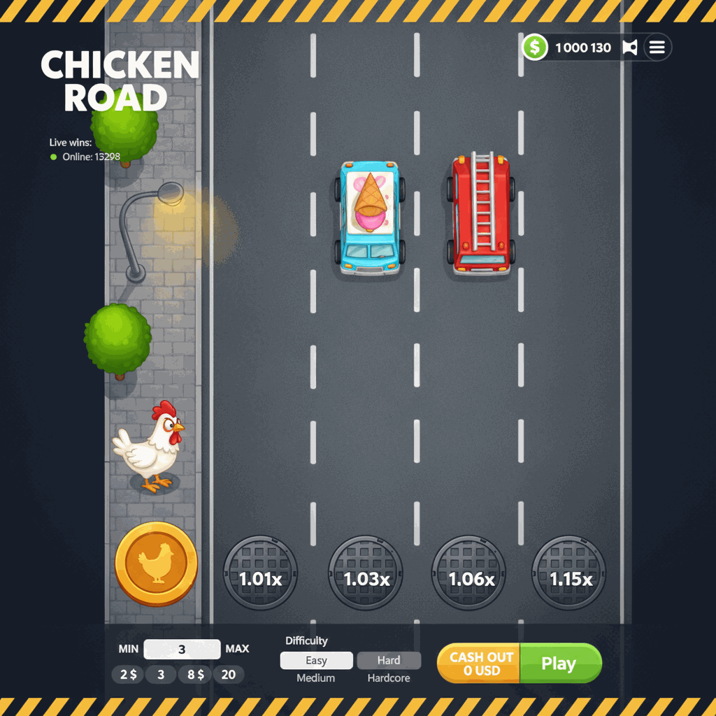 Chicken Road crash game showing a cartoon chicken character standing at the edge of a multi-lane highway with manhole cover multiplier markers on each lane, urban sidewalk scenery with trees and street lamp on the left, dark road surface with white lane dividers, viewed from top-down perspective